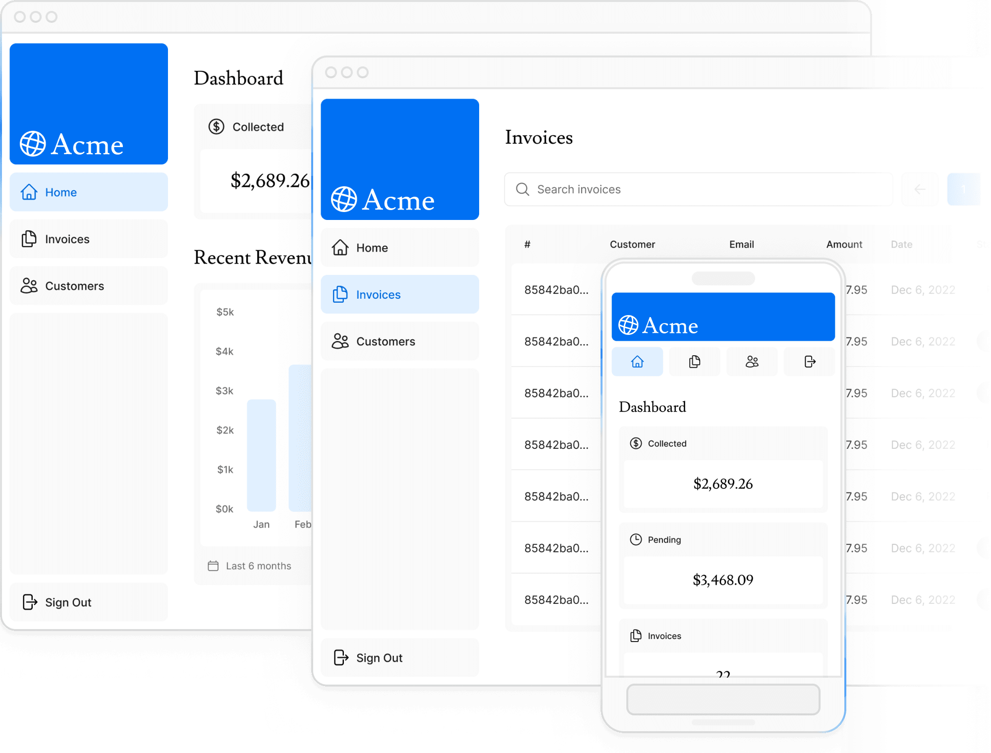 Screenshots of the dashboarf project showing desktop version